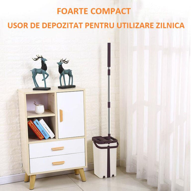 Mop Profesional Plat, Galeata Cu 2 Cuve Pentru Spalare Si Stoarcere Rapida