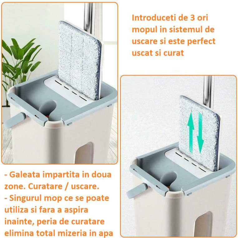 Mop Profesional Plat, Galeata Cu 2 Cuve Pentru Spalare Si Stoarcere Rapida