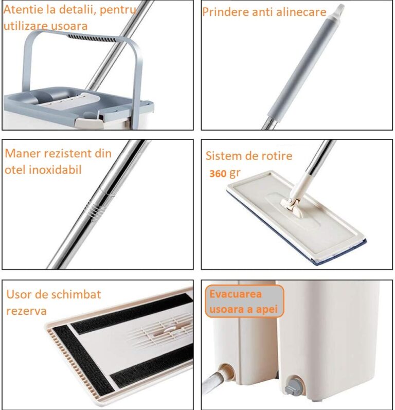 Mop Profesional Plat, Galeata Cu 2 Cuve Pentru Spalare Si Stoarcere Rapida