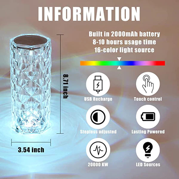 Lampa Crystal Diamond, atmosfera si ambianta, 16 culori, incarcare USB, Touch, telecomanda