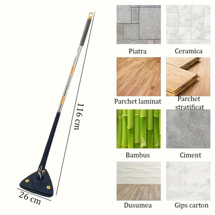 Mop Cu Cap Triunghiular Si Stoarcere, Rotire 360 Grade, Telescopic